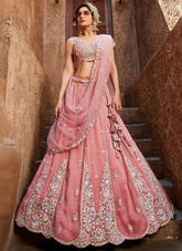 Wedding Bridal Wear Pink Tissue Lehenga Choli With Moti Sequins Embroidery