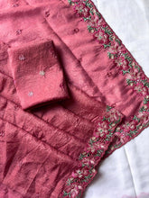 Coral Pink Pure Crush Silk Multicolor Floral Designer Embroidered Saree