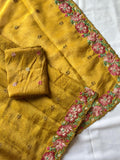 Mustard Pure Crush Silk Multicolor Floral Designer Embroidered Saree