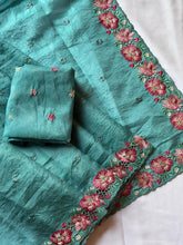 Teal Blue Pure Crush Silk Multicolor Floral Designer Embroidered Saree