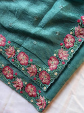 Teal Blue Pure Crush Silk Multicolor Floral Designer Embroidered Saree