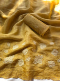 Yellow Pure Chanda Silk Applique Work Designer Saree