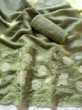 Pista Pure Chanda Silk Applique Work Designer Saree