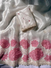 White Pure Oris Silk Applique Work Designer Saree