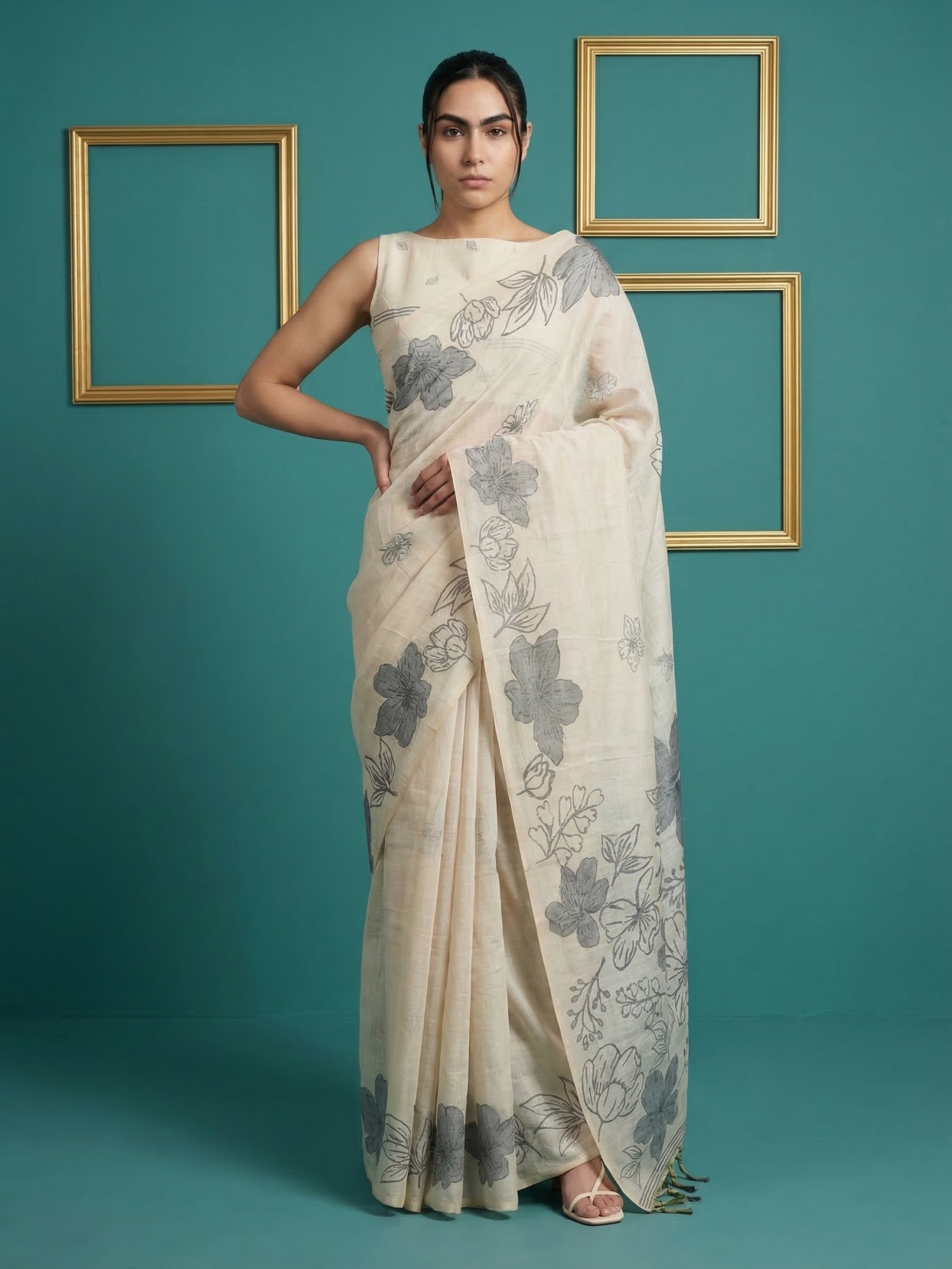 white muga cotton saree with elegant pencil art detailing
