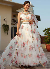 White Organza Lehenga with Floral Digital Print & Embroidery – Party Wear Lehenga