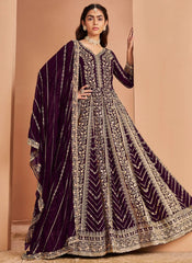 Wine Faux Georgette Embroidered Anarkali Suit with Dupatta