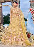 Ready to wear yellow organza lehenga set with inner shantoon, heavy sequins and codings