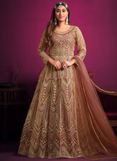 Adorable Brown Net Sequins Embroidery Anarkali Suit
