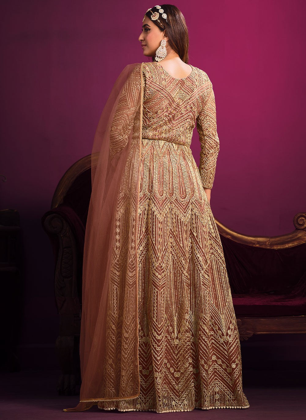 Adorable Brown Net Sequins Embroidery Anarkali Suit