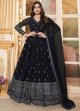 Adorable Faux Georgette Foil Work Readymade Anarkali Gown In Navy Blue