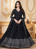 Adorable Faux Georgette Foil Work Readymade Anarkali Gown In Navy Blue