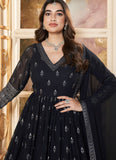 Adorable Faux Georgette Foil Work Readymade Anarkali Gown In Navy Blue