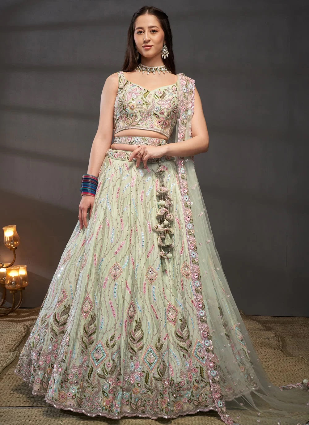 Adorable Limegreen Silk Mirror Zarkan Work Wedding Wear Lehenga