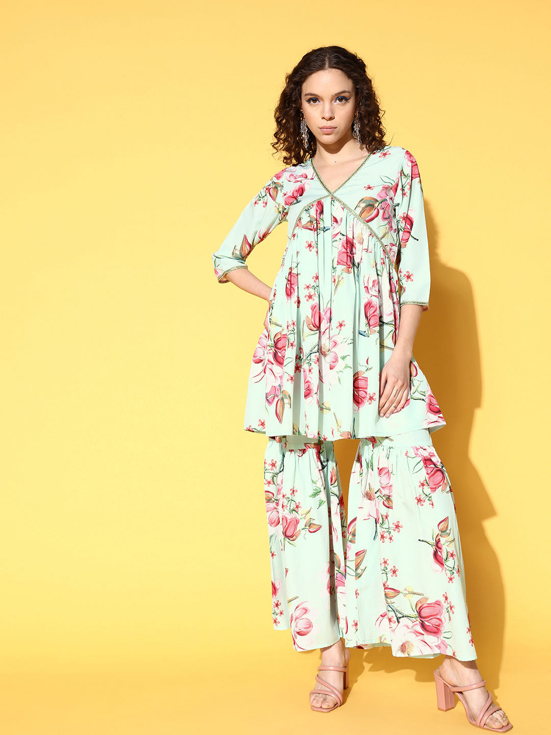 Adorable Mint Green Crepe Kurta Sharara Set