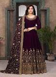 Adorable Wine Faux Georgette Embroidered Long Anarkali Suit