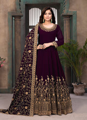 Adorable Wine Faux Georgette Embroidered Long Anarkali Suit
