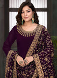 Adorable Wine Faux Georgette Embroidered Long Anarkali Suit