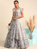 Alluring Grey Organza Sequins & Zarkan embroidery Work Lehenga