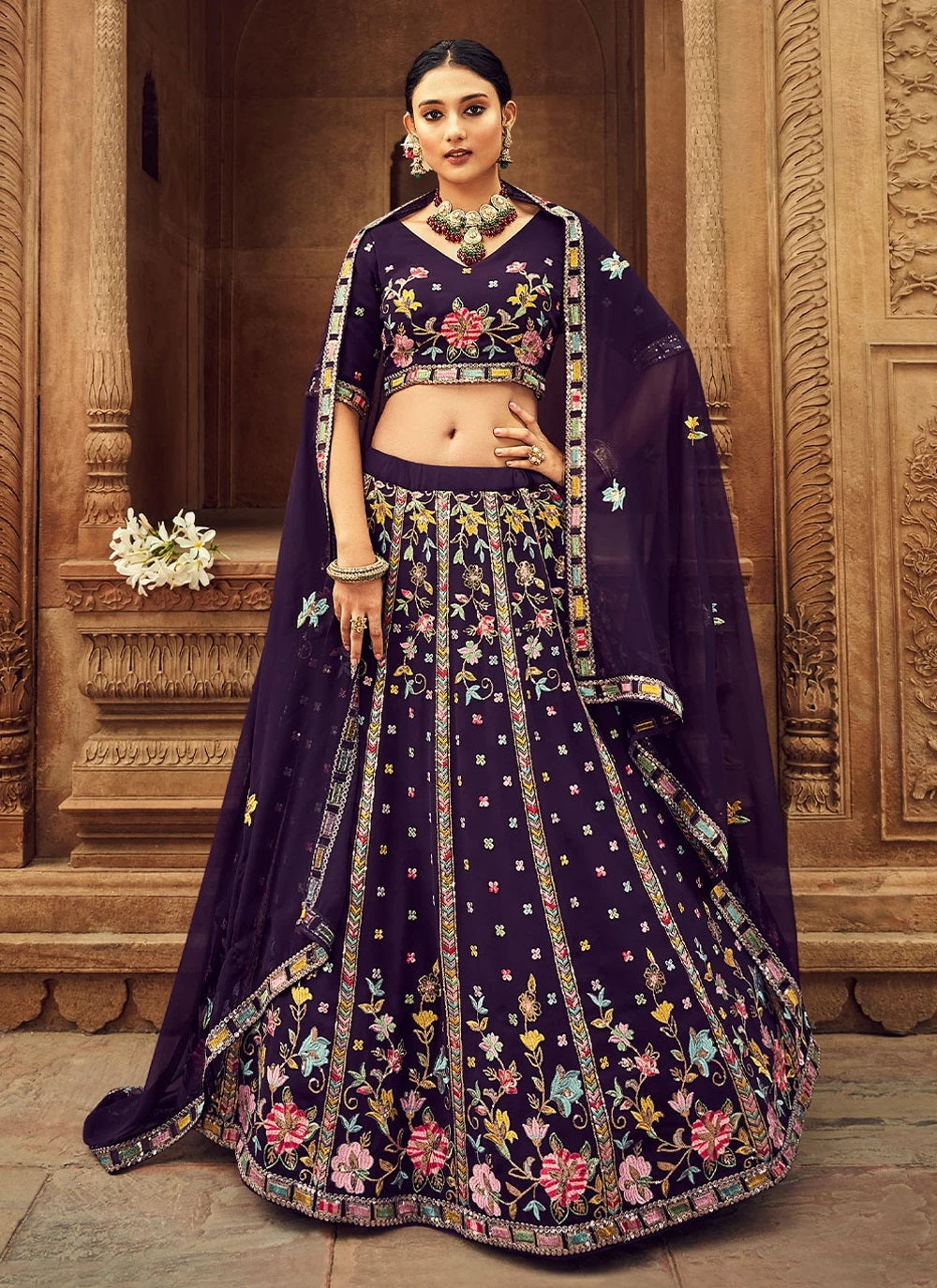Amazing Purple Thread Embroidered Georgette Lehenga Choli For Indian Wedding