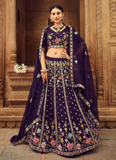 Amazing Purple Thread Embroidered Georgette Lehenga Choli For Indian Wedding