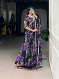 Purple Color Floral Printed And Paper Mirror Lace Georgette Gown