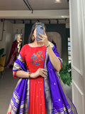 Red Color Zari Weaving Work Jacquard Silk Dress