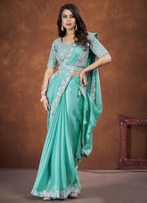 Aqua Blue Crepe Satin Silk Stone & Moti Work Saree