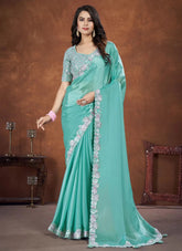 Aqua Blue Crepe Satin Silk Stone & Moti Work Saree