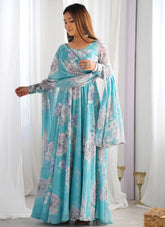 Aqua Blue Floral Anarkali Gown | Pure Fox Georgette
