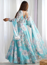 Floral Anarkali Gown in Aqua Blue | Ready to Wear Dress