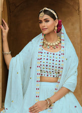 Aqua Blue Georgette Sequins Embroidered Lehenga Choli