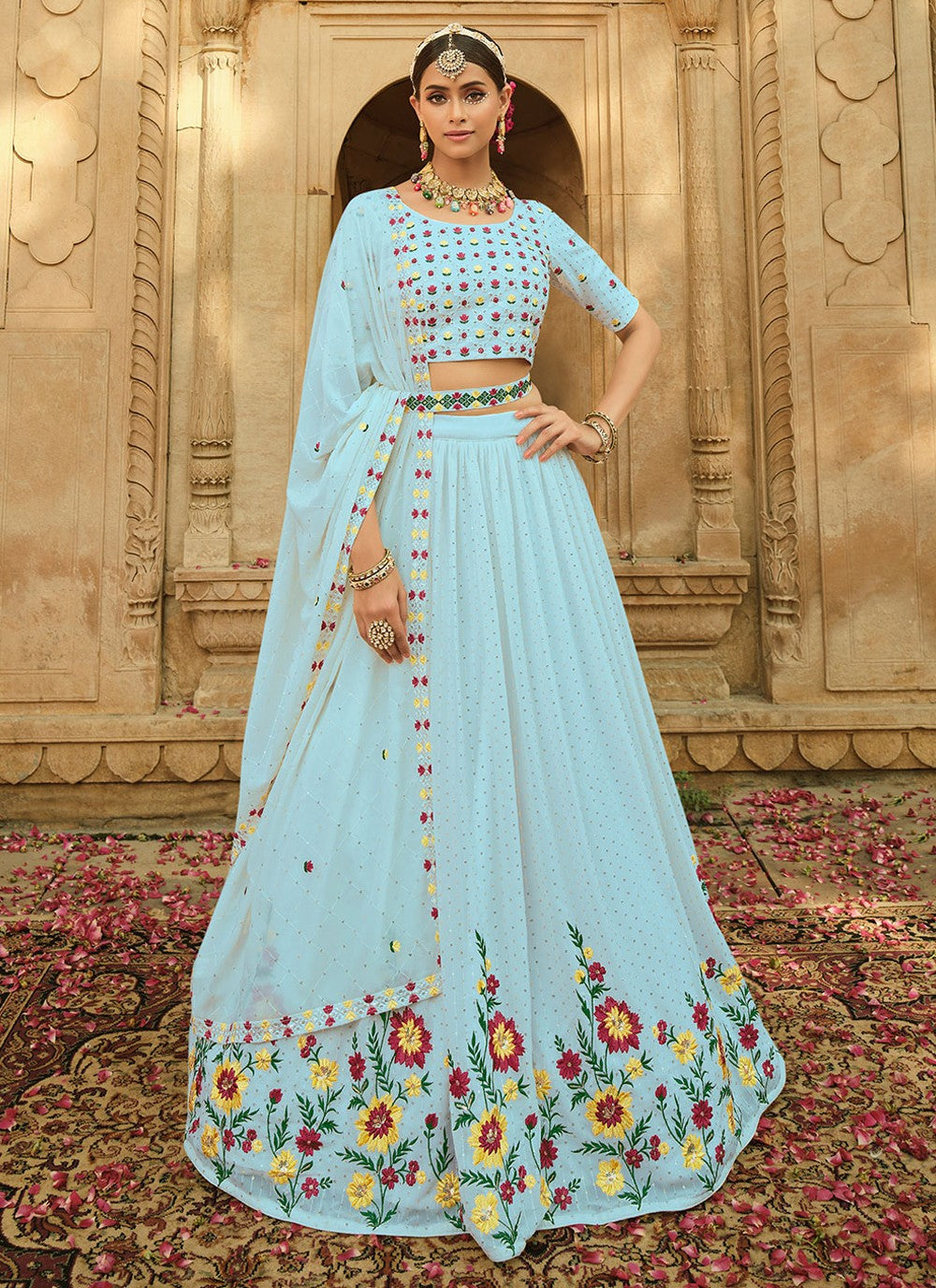 Aqua Blue Georgette Sequins Embroidered Lehenga Choli
