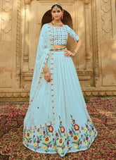 Aqua Blue Georgette Sequins Embroidered Lehenga Choli
