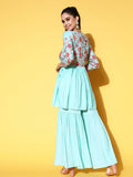 Aqua Blue Viscose Rayon Kurta Sharara Set For Women