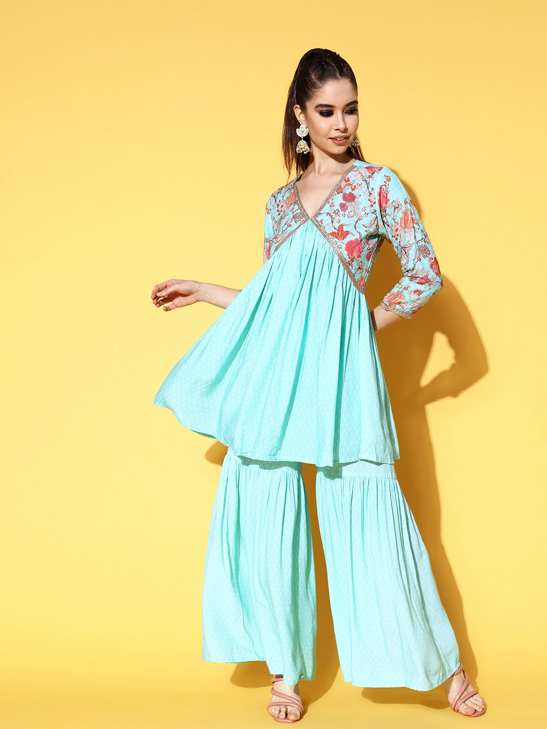 Aqua Blue Viscose Rayon Kurta Sharara Set For Women