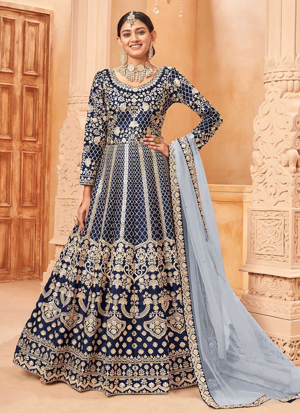 Art Silk Blue Embroidered Anarkali
