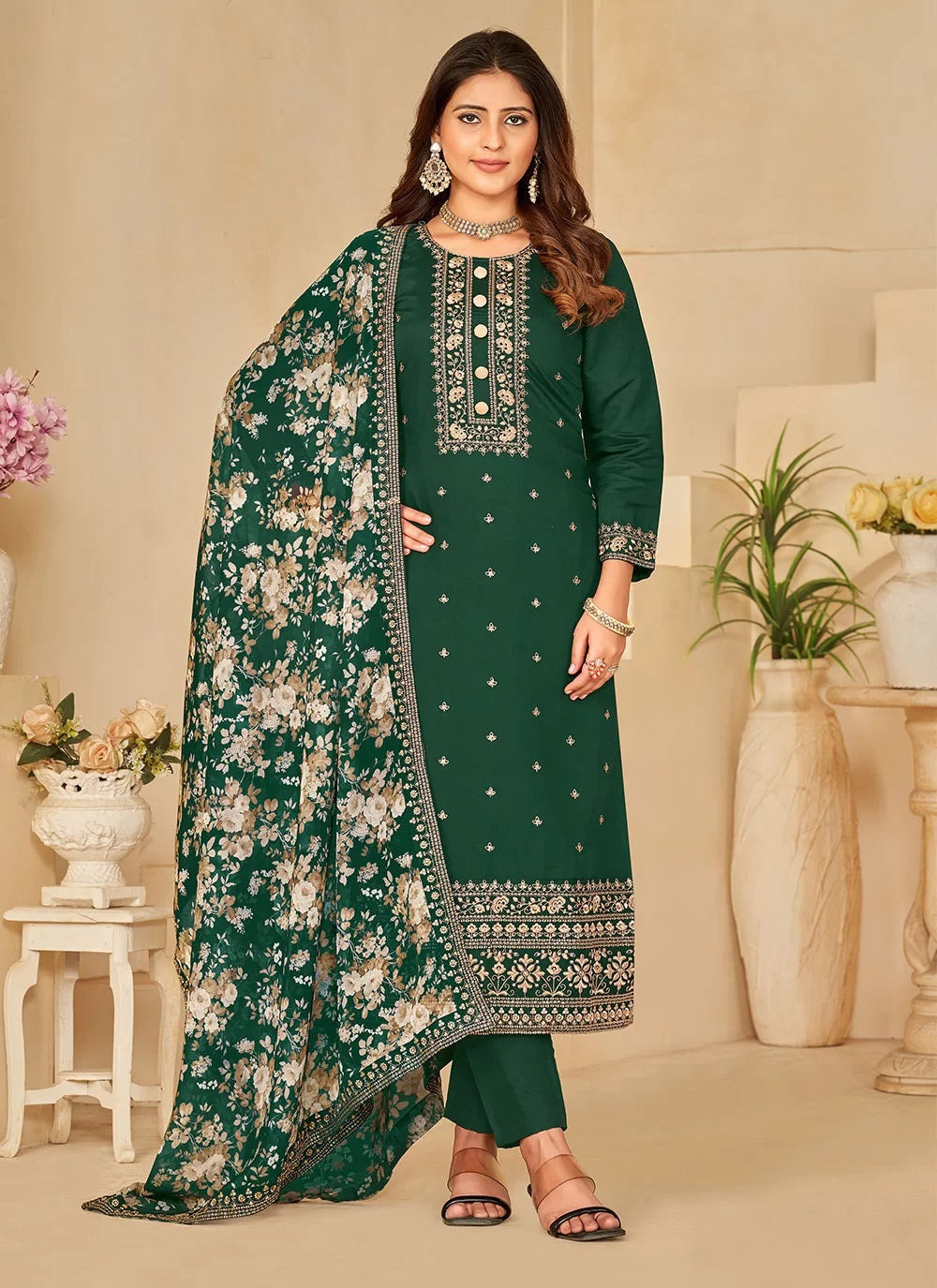 Art Silk Festive Pakistani Salwar Kameez in Green with Sequence work