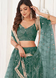 Astonishing Green Sequins Net Party Wear Lehenga Choli With Dupatta