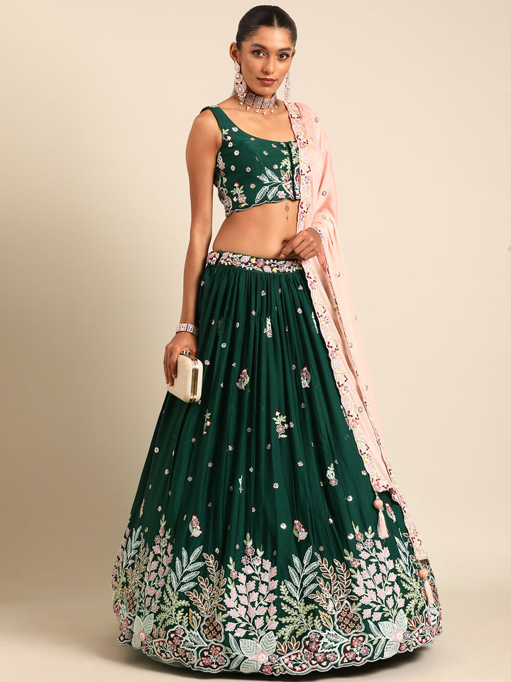 Attractive Green Georgette Sequins and thread embroidery Lehenga Choli