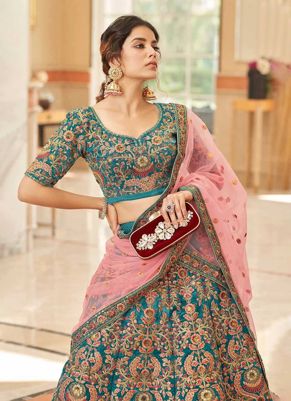 Beautiful Blue Digital Printed Organza Reception Wear Lehenga Choli