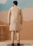 Beige kurta koti set for men in viscose silk with embroidery