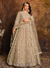 Beige Net Embroidered Floor Length Anarkali For Women