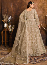Beige Net Embroidered Floor Length Anarkali For Women