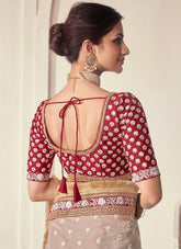 Beige Sequins Embroidered Party Wear Saree In Organza