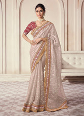 Beige Sequins Embroidered Party Wear Saree In Organza