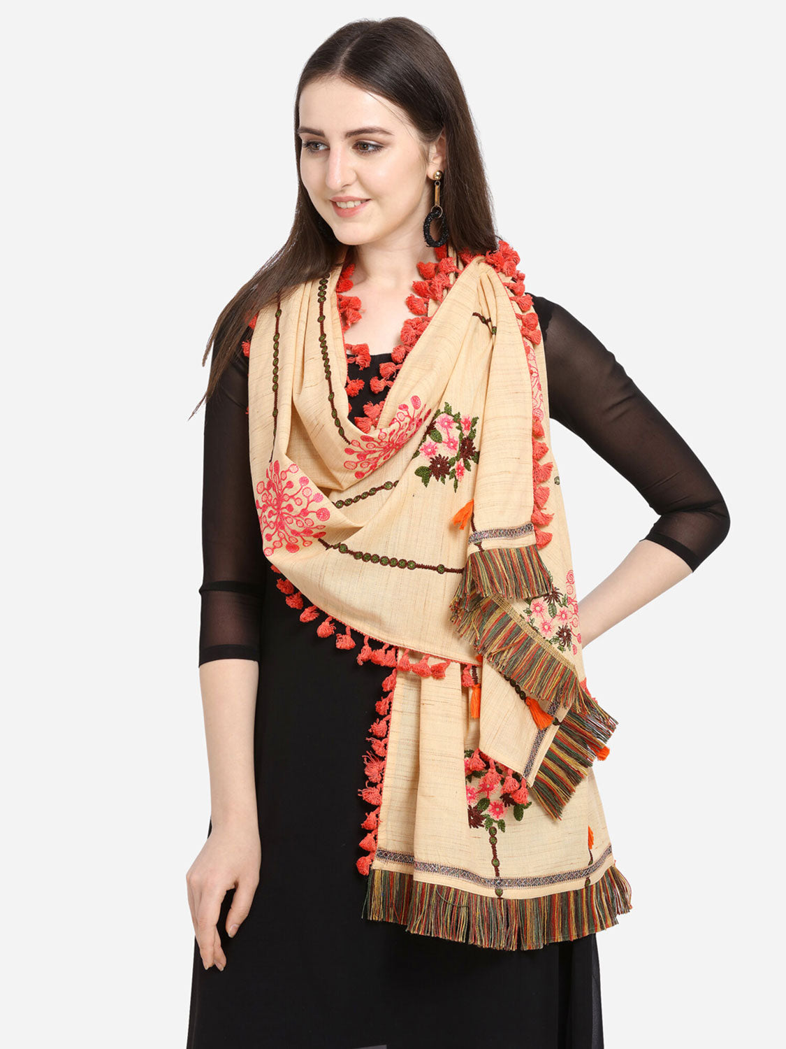 Beige Slub Khadi Floral Embroidered festive Dupatta