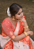 Bengali festival saree in white red soft silk with woven floral meenakari work
