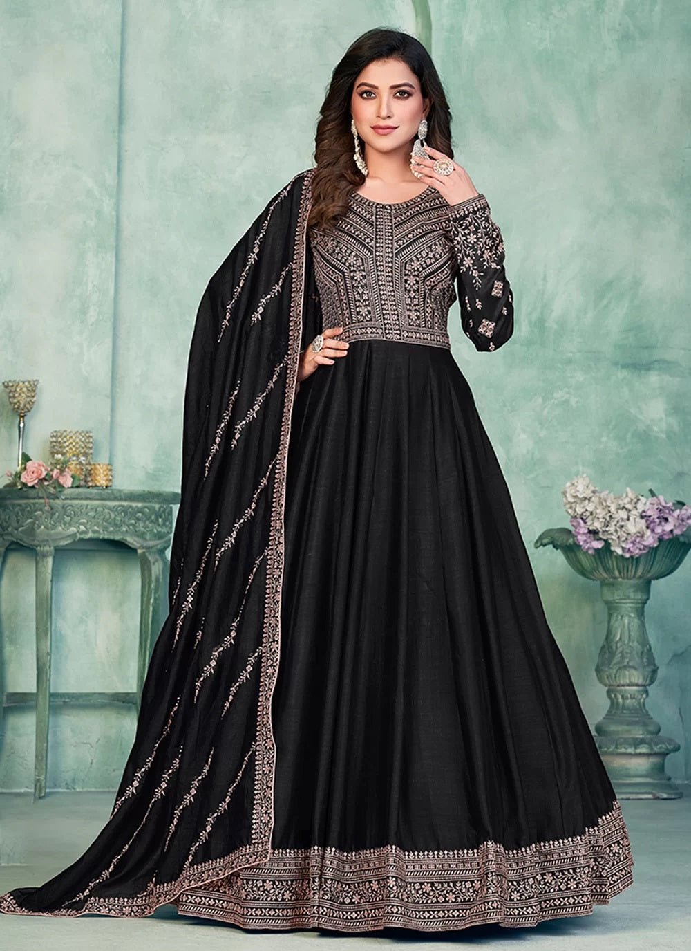 Shop Black Art Silk Anarkali Dress with Intricate Embroidery