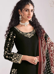 Timeless Black Roman Silk Patiyala Suit with Mirror Embroidery